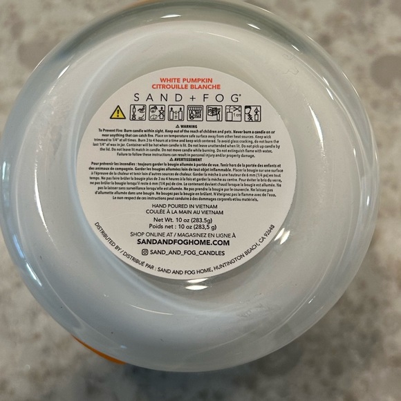 “New” Sand + Fog White Glass Candle with Orange Pumpkin Design 10 oz - Picture 3 of 3